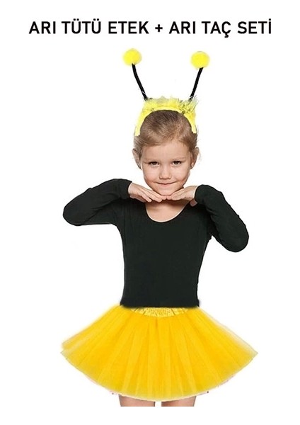 Gösteriler Için Sarı Arı Tütü Etek ve Sarı Ponponlu Arı Taç Seti