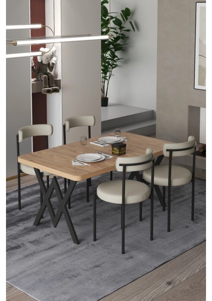 Ege 4 Kişilik Mutfak Masa Takımı -Krem Kumaş 70X110 W Mutfak Masası Ege Sandalye Krem Kumaş