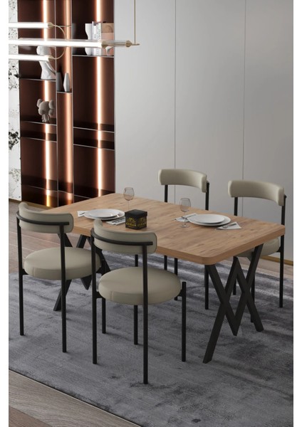 Ege 4 Kişilik Mutfak Masa Takımı -Krem Kumaş 70X110 W Mutfak Masası Ege Sandalye Krem Kumaş