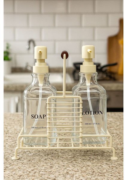 Beyaz Pompalı ve Standlı Ikili Kare Cam Sıvı Sabunluk