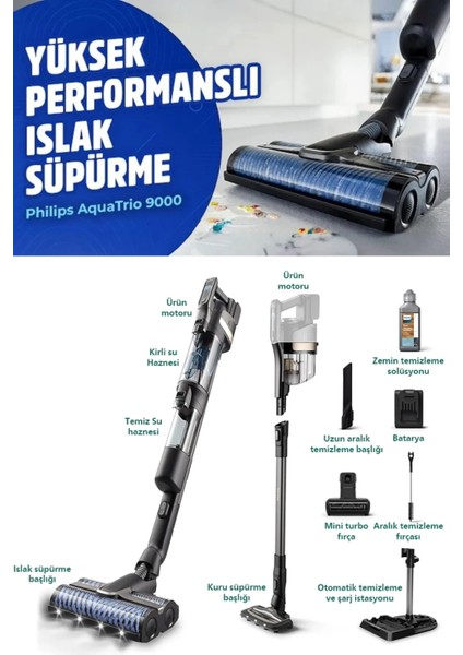 Aqua Trio Yeni Seri 3'ü 1 Arada (Islak, Kuru ve Moplu) Ultra Premium Sarjlı ve Kablosuz Dik Süpürge - Kendini Temizleme Özellikli + Mutfak Tartısı