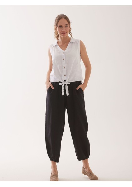 %100 Natural Keten Lastik Paçalı Yoga Pantolon
