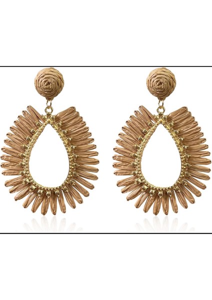 Kahverengi ve Beyaz Metal Detaylı Hasır Saçaklı Çelik Küpe