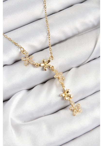 Bfs 316L Çelik Zirkon Taşlı Çiçek Model Gold Renk Kadın Kolye