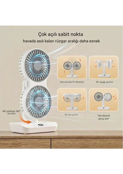 Bfs Masaüstü Dijital Ekranlı Çift Fanlı LED Işıklı Soğutucu Fan Ev Ofis Şarjlı Vantilatör