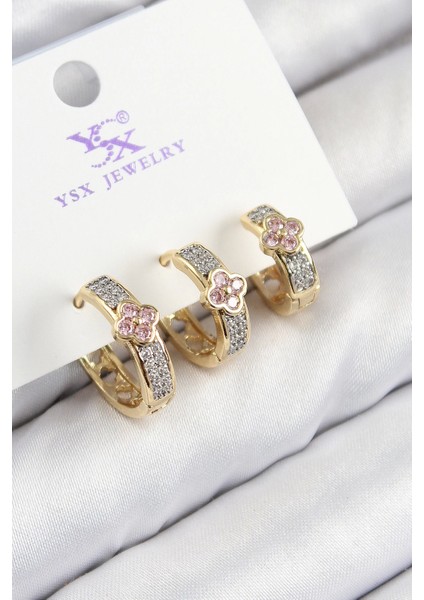 Bfs Pirinç Zirkon Taşlı 3'lü Halka Yonca Model Gold ve Gümüş Renk Kadın Küpe