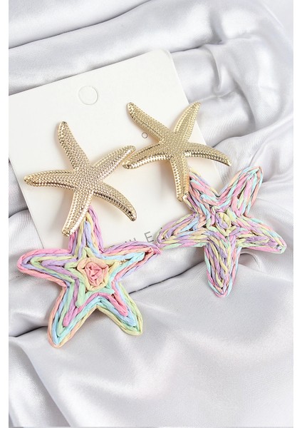 Bfs Pirinç Sallantılı Rainbow Deniz Yıldızı Model Gold Renk Hasır Küpe