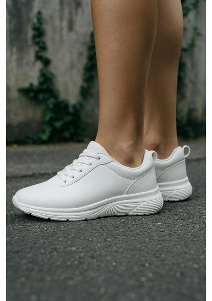 Rahat Tabanlı Hafif Esnek Ortopedik Bağcıklı Unisex Günlük Sneaker Spor Ayakkabı - Beyaz