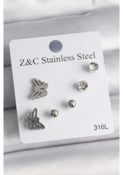 Bfs 316L Çelik Gümüş Renk Zirkon Taşlı Kelebek Model Kadın Küpe Seti