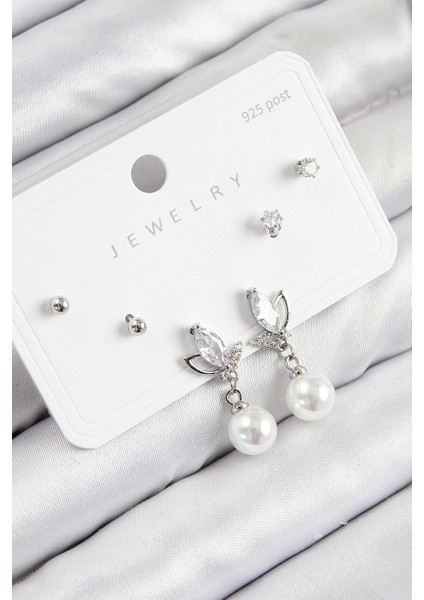 Bfs Pirinç Zirkon Taşlı Inci Sallantılı Damla Model Gümüş Renk 925 Ayar Gümüş Çivi Kadın Küpe Set