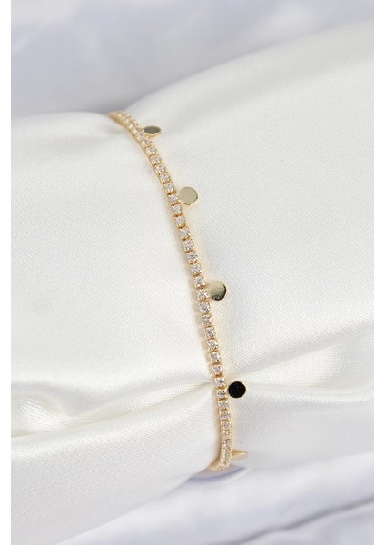 Bfs Pirinç Zirkon Taşlı Ezme Zincirli Sıralı Model Gold Renk Kadın Bilekilk