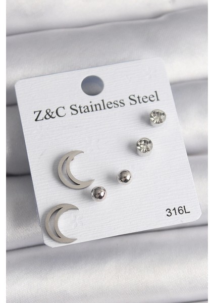 Bfs 316L Çelik Gümüş Renk Zirkon Taşlı Hilal Model Kadın Küpe Seti