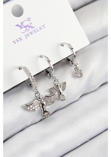 Bfs Pirinç Zirkon Taşlı 3'lü Kuş Model Gümüş Renk Kadın Küpe