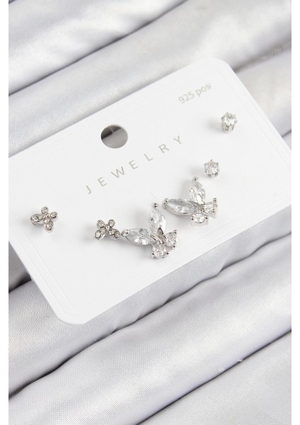 Bfs Pirinç Zirkon Taşlı Kelebek Model Gümüş Renk 925 Ayar Gümüş Çivi Kadın Küpe Set