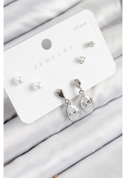 Bfs Pirinç Zirkon Taşlı Sallantılı Damla Model Gümüş Renk 925 Ayar Gümüş Çivi Kadın Küpe Set