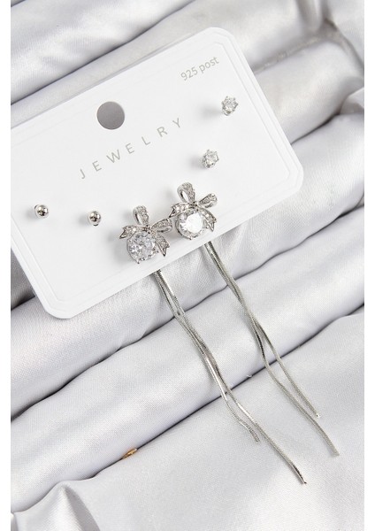 Bfs Pirinç Zirkon Taşlı Sallantılı Fiyonk Model Gümüş Renk 925 Ayar Gümüş Çivi Kadın Küpe Set