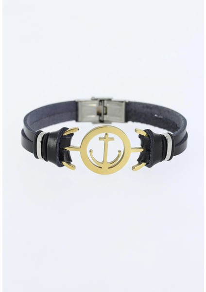 Bfs Gold Renk Deniz Çapası Figürlü Metal Aksesuarlı Siyah Renk Deri Erkek Bileklik