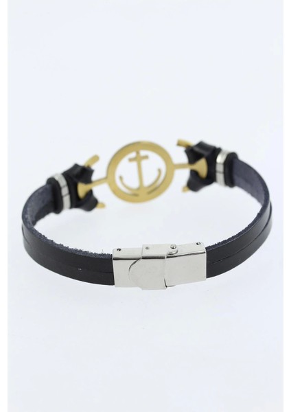 Bfs Gold Renk Deniz Çapası Figürlü Metal Aksesuarlı Siyah Renk Deri Erkek Bileklik fiyatları