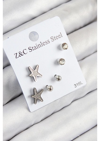 Bfs 316L Çelik Zirkon Taşlı Deniz Yıldızı Model Gümüş Renk Kadın Set Küpe