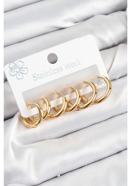 Bfs 316L Çelik Halka Model Gold Renk 3'lü Set Kadın Küpe