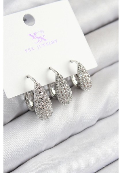 Bfs Pirinç Zirkon Taşlı 3'lü Damla Model Gümüş Renk Kadın Küpe