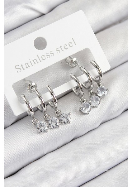 Bfs Pirinç Sallantılı Zirkon Taşlı Model Gümüş Renk Kadın Küpe