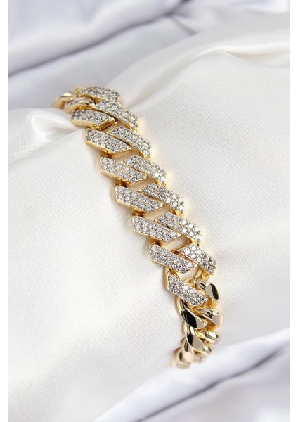 Bfs Vıp Pirinç Zirkon Taşlı Cuba Model Gold Renk Kadın Bileklik