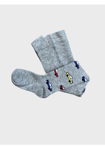 Erkek Çocuk Pamuklu Yıkanmış Gri Araba Desenli Külotlu Çorap