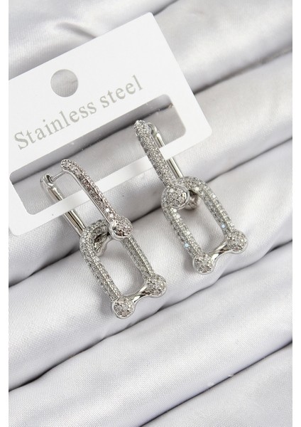 Bfs Pirinç Zirkon Taşlı Tifany Model Gümüş Renk Kadın Küpe