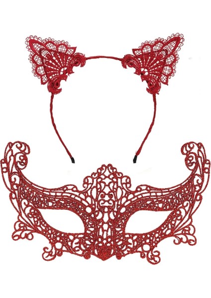 Bfs Romantik Kırmızı Dantel Maske Seti – Kedi Kulaklı Taç ve Maske 3 No