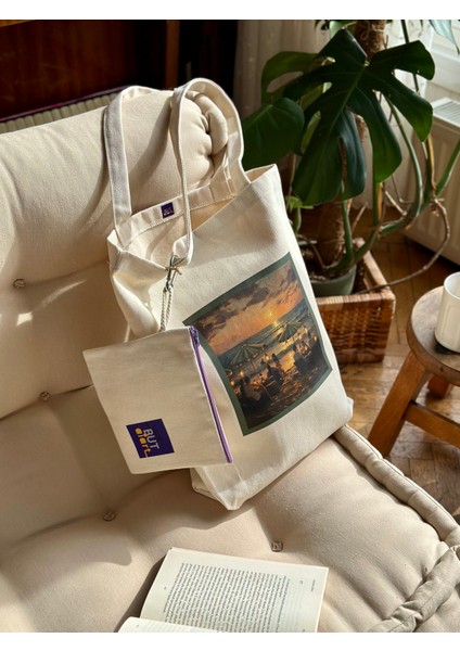 Dikey I %100 Ham Gabardin Kumaş Çanta I Sunset I 35X45CM Cüzdanlı Bez Çanta