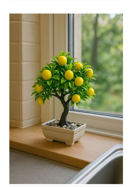 Dekoratif Limon Ağacı – 23 Limonlu, Saksılı ve Taşlı Plastik Bonsai