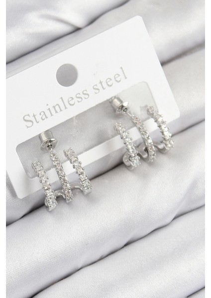 Bfs Pirinç Zirkon Taşlı Model Gümüş Renk Kadın Küpe