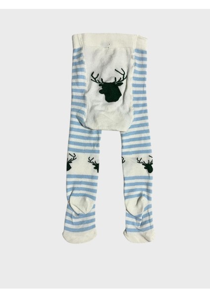 Erkek Çocuk Pamuklu Mavi Beyaz Geyik Desenli Çizgili Yıkanmış Parfümlü Popo Desenli Külotlu Çorap