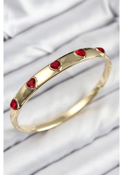 Bfs Pirinç Zirkon Taşlı Kırmızı Kalp Model Gold Renk Kadın Kelepçe