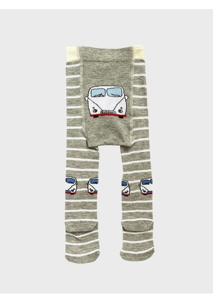 Erkek Çocuk Pamuklu Gri Yıkanmış Kumaş Poposu Araba Desenli Çizgili Külotlu Çorap