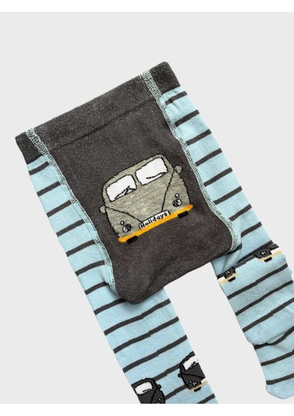 Erkek Çocuk Pamuklu Yıkanmış Kumaş Mavi Poposu Araba Desenli Külotlu Çorap