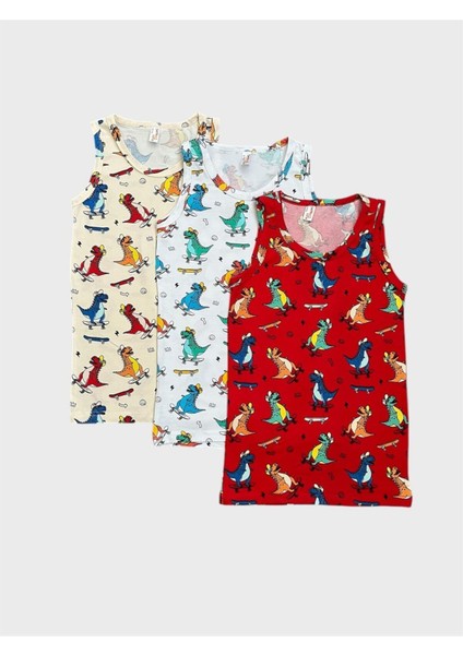 Erkek Çocuk Pamuklu Kırmızı Beyaz Ekru Renk Dinozor Desenli 3 Lü Atlet