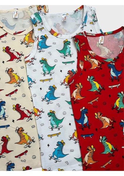 Erkek Çocuk Pamuklu Kırmızı Beyaz Ekru Renk Dinozor Desenli 3 Lü Atlet fiyatları