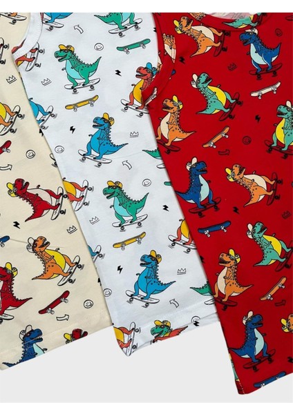 Erkek Çocuk Pamuklu Kırmızı Beyaz Ekru Renk Dinozor Desenli 3 Lü Atlet modelleri
