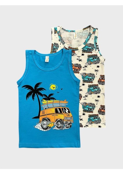 Erkek Çocuk Pamuklu Beyaz Mavi Araba Palmiye Desenli 2 Li Atlet Takımı