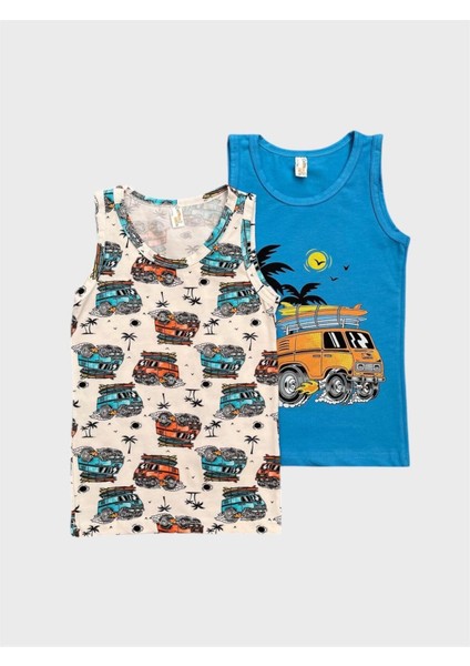 Erkek Çocuk Pamuklu Beyaz Mavi Araba Palmiye Desenli 2 Li Atlet Takımı fiyatları