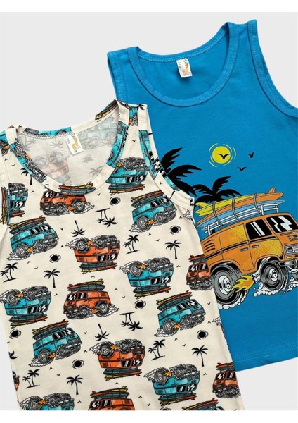 Erkek Çocuk Pamuklu Beyaz Mavi Araba Palmiye Desenli 2 Li Atlet Takımı modelleri