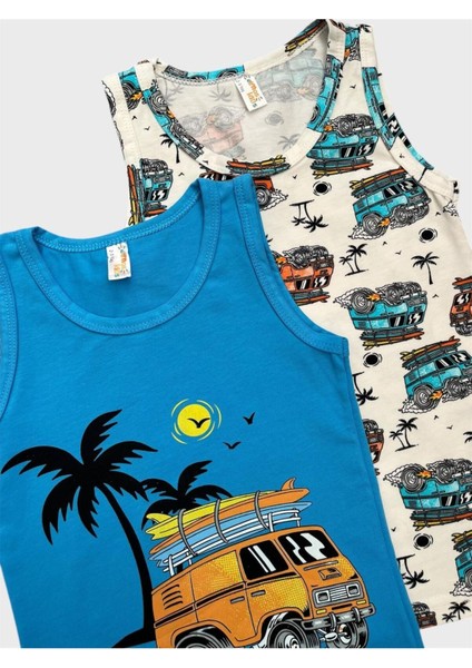 Erkek Çocuk Pamuklu Beyaz Mavi Araba Palmiye Desenli 2 Li Atlet Takımı fırsatları