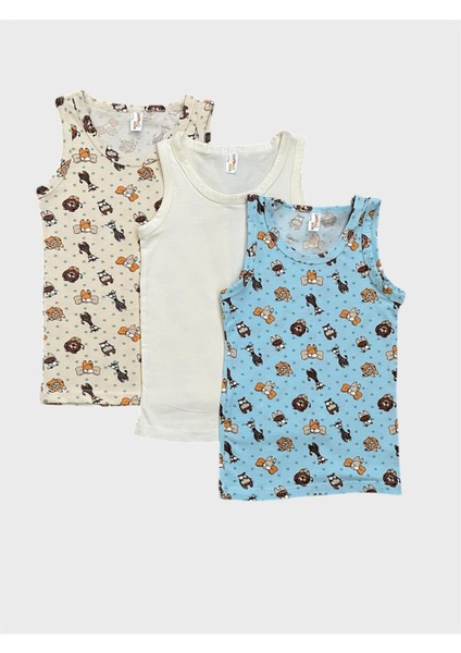 Erkek Çocuk Pamuklu Kırmızı Mavi Ekru Beyaz Safari Desenli 3 Lü Atlet