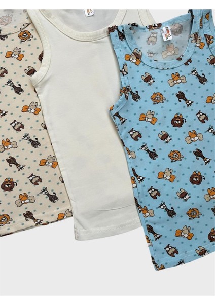 Erkek Çocuk Pamuklu Kırmızı Mavi Ekru Beyaz Safari Desenli 3 Lü Atlet fiyatları