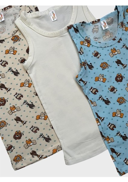 Erkek Çocuk Pamuklu Kırmızı Mavi Ekru Beyaz Safari Desenli 3 Lü Atlet modelleri