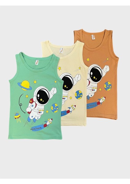 Erkek Çocuk Pamuklu Astronot Desenli Yeşil Krem Kahverengi 3lü Atlet