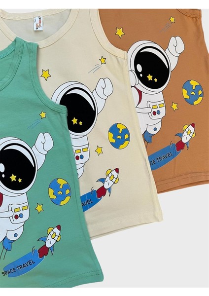 Erkek Çocuk Pamuklu Astronot Desenli Yeşil Krem Kahverengi 3lü Atlet fiyatları