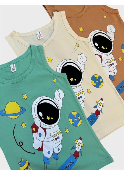 Erkek Çocuk Pamuklu Astronot Desenli Yeşil Krem Kahverengi 3lü Atlet modelleri